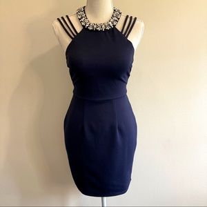 Xtraordinary Navy Party Dress, Dazzling neckline